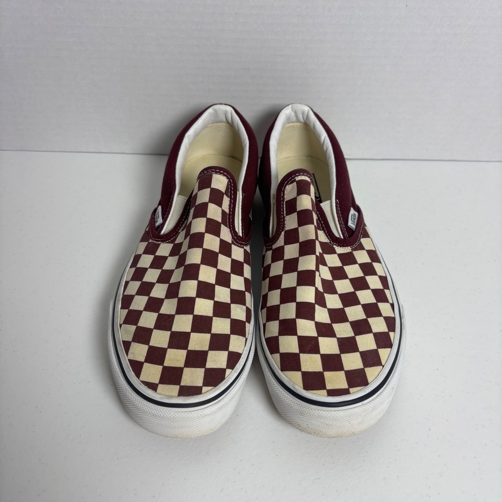 Vans Slip On Shoes Mens 8 Womens 9.5 Burgundy Cream Checkerboard Canvas Sneaker